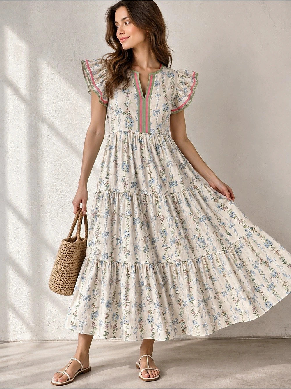 Easel Floral Maxi Dress in Cream & Blue Like New